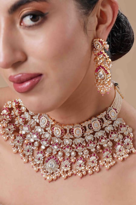 Shop Ekathva Jaipur Gold Plated Stones, Beads Floral Carved Choker Set at Aza Fashions Shop_Ekathva Jaipur_Gold Plated Stones, Beads Floral Carved Choker Set_at_Aza_Fashions