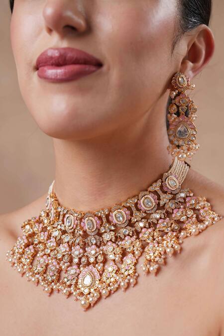 Shop Ekathva Jaipur Gold Plated Beads, Stones Polki Embellished Choker Set at Aza Fashions Shop_Ekathva Jaipur_Gold Plated Beads, Stones Polki Embellished Choker Set_at_Aza_Fashions