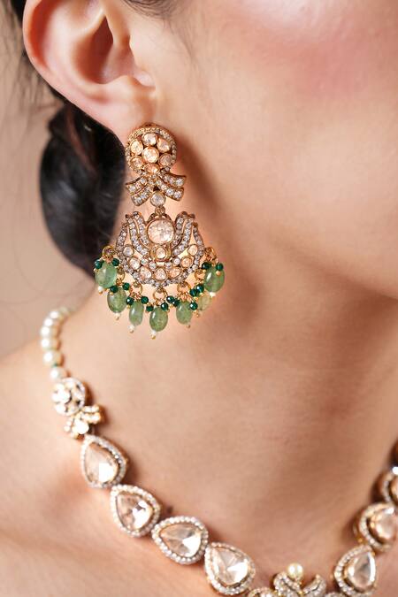 Ekathva Jaipur_Emerald Green Stones, Beads Polki Necklace And Earring Set_Online_at_Aza_Fashions