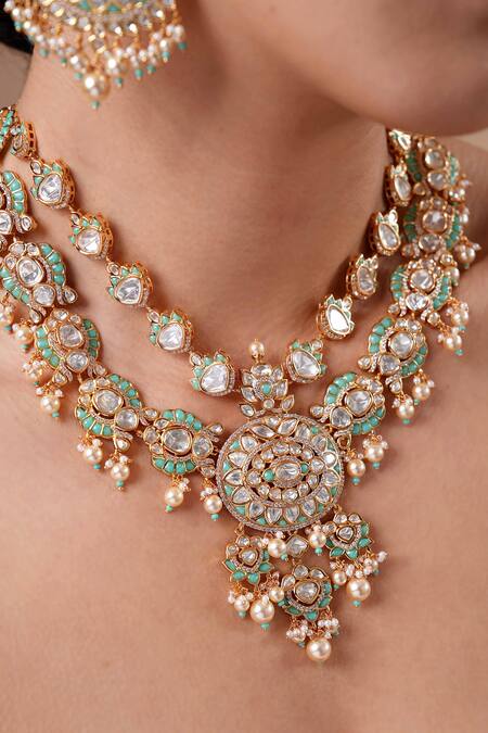 Shop Ekathva Jaipur Gold Plated Stones, Beads, Piping Polki Embellished Layered Necklace Set at Aza Fashions Shop_Ekathva Jaipur_Gold Plated Stones, Beads, Piping Polki Embellished Layered Necklace Set_at_Aza_Fashions