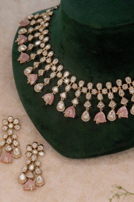 Buy_Ekathva Jaipur_Pink Stones Victorian Polki Embellished Necklace Set_Online_at_Aza_Fashions