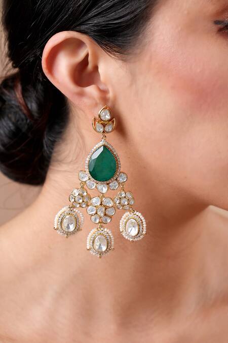 Shop Ekathva Jaipur Emerald Green Stones Moissanite Polki Drop Earrings at Aza Fashions Shop_Ekathva Jaipur_Emerald Green Stones Moissanite Polki Drop Earrings_at_Aza_Fashions