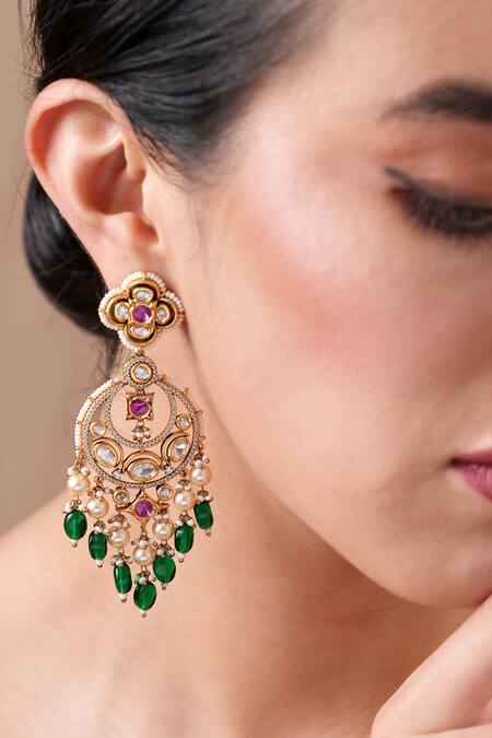 Shop Ekathva Jaipur Multi Color Polki Embellished Chandbalis at Aza Fashions Shop_Ekathva Jaipur_Multi Color Polki Embellished Chandbalis_at_Aza_Fashions