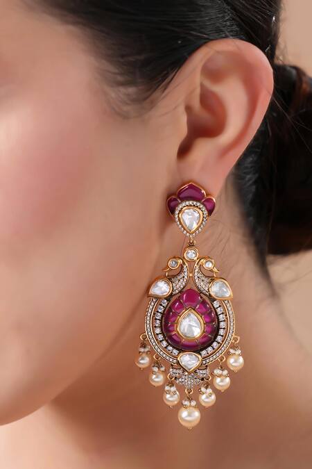 Shop Ekathva Jaipur Pink Beads, Zari Polki Drop Designer Earrings at Aza Fashions Shop_Ekathva Jaipur_Pink Beads, Zari Polki Drop Designer Earrings_at_Aza_Fashions