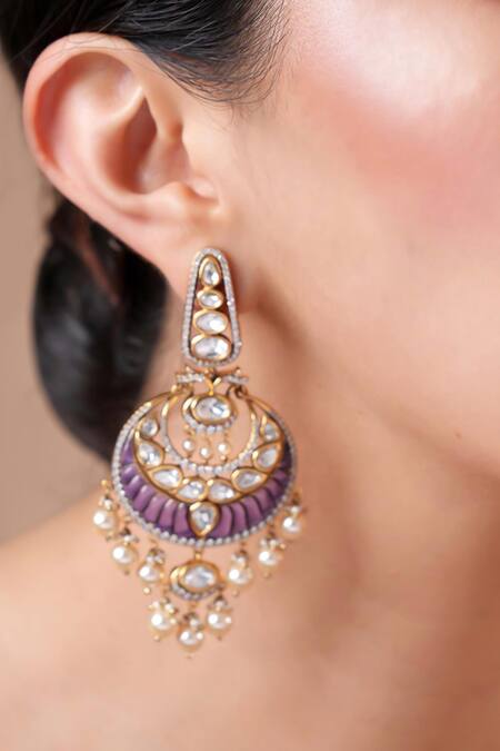 Shop Ekathva Jaipur Purple Stones, Beads Polki Studded Chandbalis at Aza Fashions Shop_Ekathva Jaipur_Purple Stones, Beads Polki Studded Chandbalis_at_Aza_Fashions