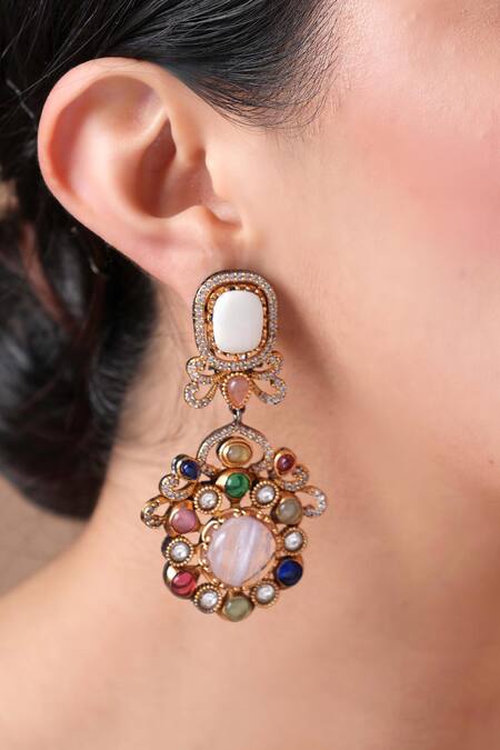 Shop Ekathva Jaipur Multi Color Stones Multicolor Embellished Earrings at Aza Fashions Shop_Ekathva Jaipur_Multi Color Stones Multicolor Embellished Earrings_at_Aza_Fashions