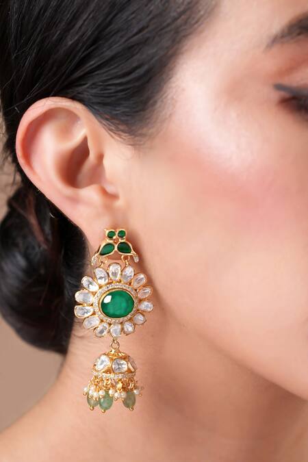 Shop Ekathva Jaipur Emerald Green Beads, Metallic Thread Polki Dangler Earrings at Aza Fashions Shop_Ekathva Jaipur_Emerald Green Beads, Metallic Thread Polki Dangler Earrings_at_Aza_Fashions