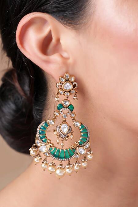 Shop Ekathva Jaipur Emerald Green Beads, Diamonds Polki Drop Earrings at Aza Fashions Shop_Ekathva Jaipur_Emerald Green Beads, Diamonds Polki Drop Earrings_at_Aza_Fashions