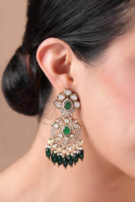 Shop Ekathva Jaipur Emerald Green Beads, Zari Polki Drop Earrings at Aza Fashions Shop_Ekathva Jaipur_Emerald Green Beads, Zari Polki Drop Earrings_at_Aza_Fashions
