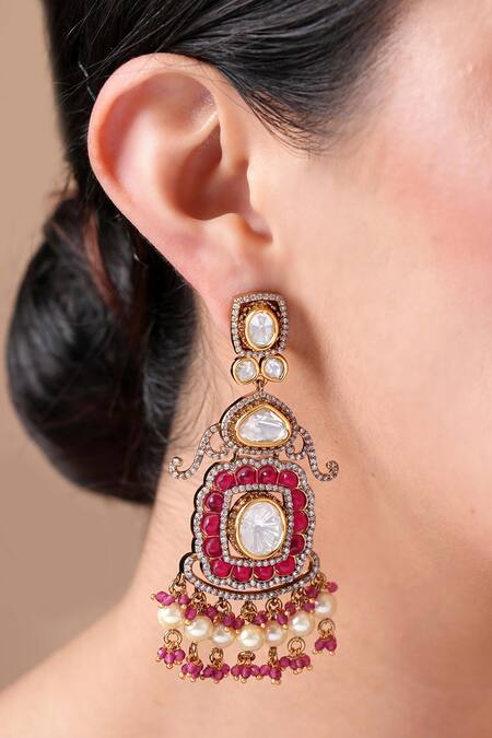 Shop Ekathva Jaipur Pink Beads, Zari Polki Embellished Designer Earrings at Aza Fashions Shop_Ekathva Jaipur_Pink Beads, Zari Polki Embellished Designer Earrings_at_Aza_Fashions