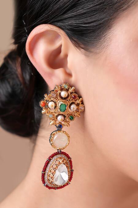 Shop Ekathva Jaipur Multi Color Stones Studded Earrings at Aza Fashions Shop_Ekathva Jaipur_Multi Color Stones Studded Earrings_at_Aza_Fashions