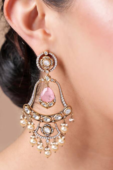 Shop_Ekathva Jaipur_Pink Stones, Diamonds Moissanite Polki Chandbalis_at_Aza_Fashions