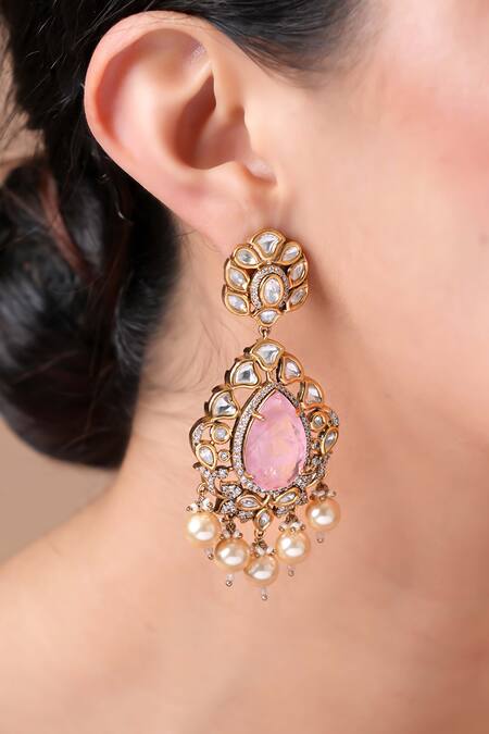 Shop Ekathva Jaipur Pink Crystals, Stones, Diamonds Polki Embellished Earrings at Aza Fashions Shop_Ekathva Jaipur_Pink Crystals, Stones, Diamonds Polki Embellished Earrings_at_Aza_Fashions