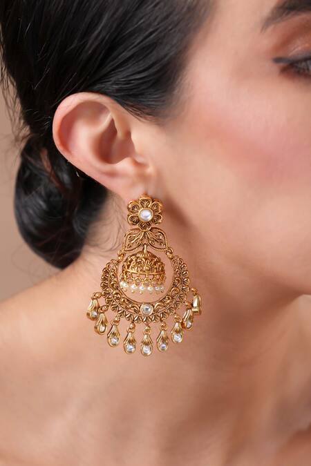 Shop Ekathva Jaipur Gold Plated Temple Carved Chandbali Jhumkas at Aza Fashions Shop_Ekathva Jaipur_Gold Plated Temple Carved Chandbali Jhumkas_at_Aza_Fashions
