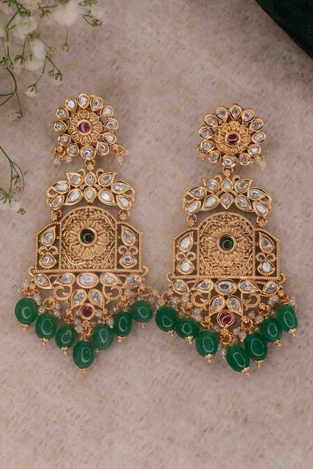 Shop Ekathva Jaipur Emerald Green Stones, Beads Studded Temple Earrings at Aza Fashions Shop_Ekathva Jaipur_Emerald Green Stones, Beads Studded Temple Earrings_at_Aza_Fashions