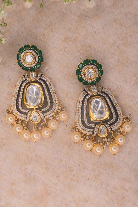 Ekathva Jaipur_Emerald Green Beads, Metallic Thread Gia Moissanite Polki Earrings_Online_at_Aza_Fashions