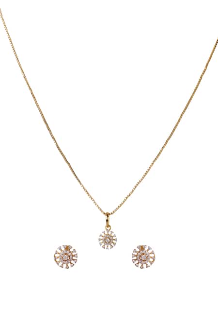 Shop Sica Jewellery Gold Plated Crystals Cubic Zirconia Pendant And Earring Set at Aza Fashions Shop_Sica Jewellery_Gold Plated Crystals Cubic Zirconia Pendant And Earring Set _at_Aza_Fashions