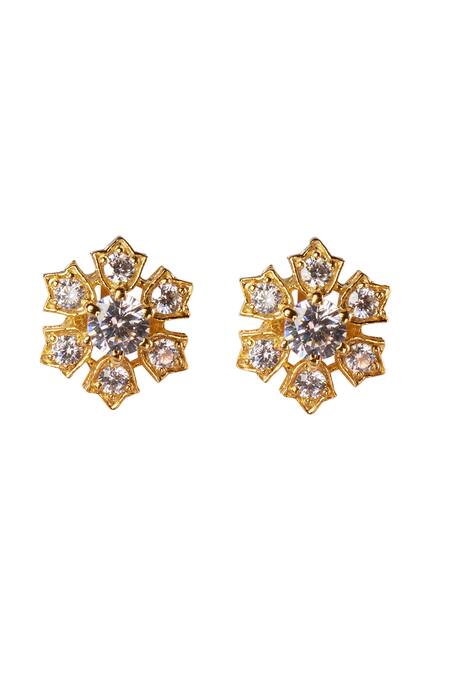 Shop Sica Jewellery White Crystals Floral Cubic Zirconia Stud Earrings at Aza Fashions Shop_Sica Jewellery_White Crystals Floral Cubic Zirconia Stud Earrings _at_Aza_Fashions