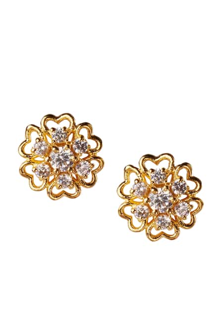 Shop Sica Jewellery Gold Plated Crystals Floral Cubic Zirconia Stud Earrings at Aza Fashions Shop_Sica Jewellery_Gold Plated Crystals Floral Cubic Zirconia Stud Earrings _at_Aza_Fashions