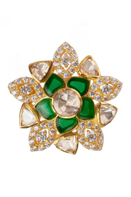 Buy Sica Jewellery Green Stones, Diamonds Moissanite Polki Ring Online at Aza Fashions Buy_Sica Jewellery_Green Stones, Diamonds Moissanite Polki Ring _Online_at_Aza_Fashions