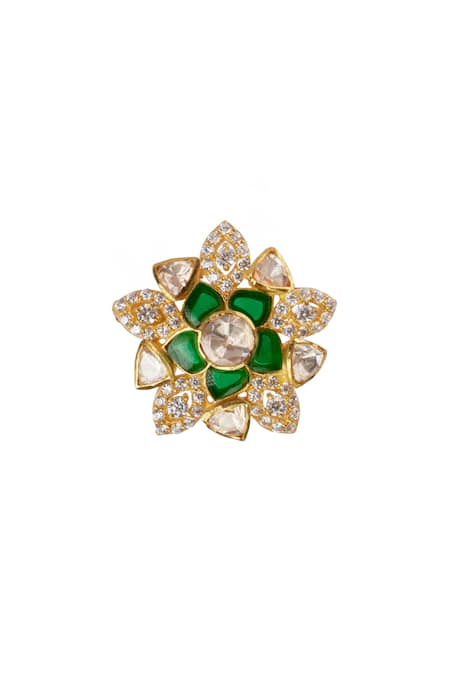 Shop Sica Jewellery Green Stones, Diamonds Moissanite Polki Ring at Aza Fashions Shop_Sica Jewellery_Green Stones, Diamonds Moissanite Polki Ring _at_Aza_Fashions