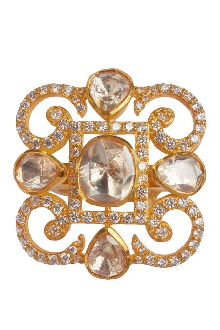 Sica Jewellery_Gold Plated Imitation Diamonds Moissanite Polki Embellished Ring _Online_at_Aza_Fashions