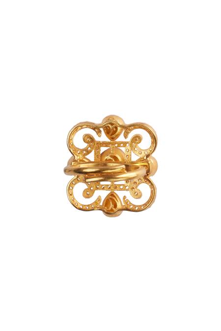 Shop_Sica Jewellery_Gold Plated Imitation Diamonds Moissanite Polki Embellished Ring _Online_at_Aza_Fashions