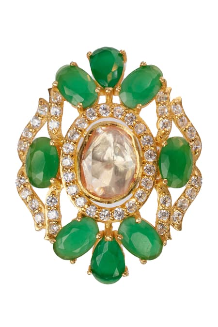 Shop Sica Jewellery Green Stones, Diamonds Moissanite Polki Ring at Aza Fashions Shop_Sica Jewellery_Green Stones, Diamonds Moissanite Polki Ring _at_Aza_Fashions