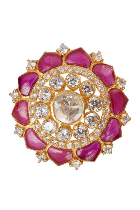 Shop Sica Jewellery Pink Stones, Diamonds Carmine Moissanite Polki Ring at Aza Fashions Shop_Sica Jewellery_Pink Stones, Diamonds Carmine Moissanite Polki Ring _at_Aza_Fashions