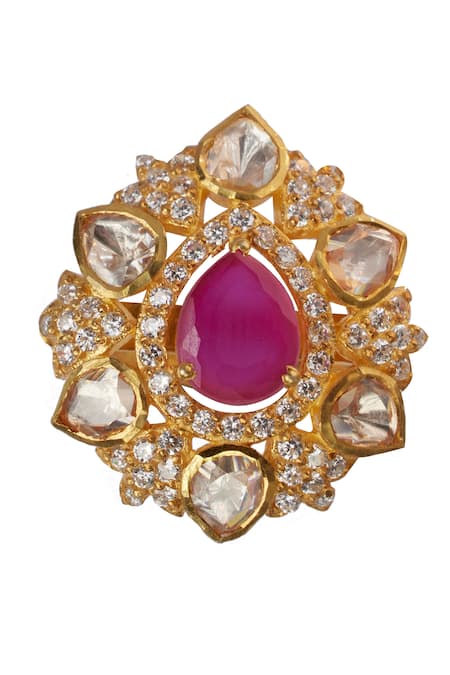 Shop Sica Jewellery Pink Stones, Diamonds Moissanite Polki Embellished Ring at Aza Fashions Shop_Sica Jewellery_Pink Stones, Diamonds Moissanite Polki Embellished Ring _at_Aza_Fashions