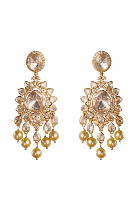 Shop Sica Jewellery Cream Metallic Thread Rhodium Gold Plated Moissanite Polki Earrings at Aza Fashions Shop_Sica Jewellery_Cream Metallic Thread Rhodium Gold Plated Moissanite Polki Earrings _at_Aza_Fashions