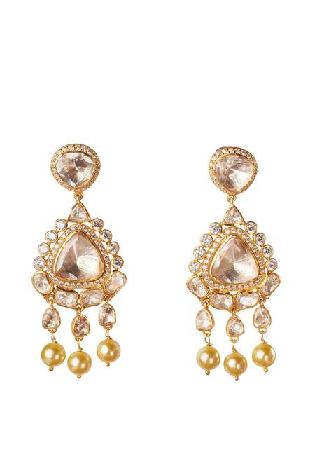 Shop Sica Jewellery Cream Imitation Diamonds Moissanite Polki Dangler Earrings at Aza Fashions Shop_Sica Jewellery_Cream Imitation Diamonds Moissanite Polki Dangler Earrings _at_Aza_Fashions