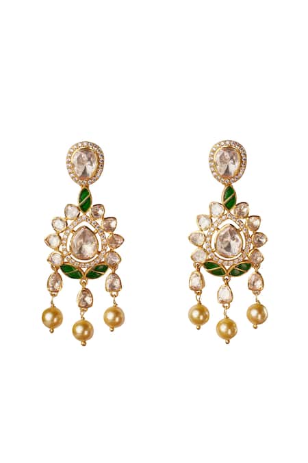 Shop Sica Jewellery Green Metallic Thread Rhodium Gold Plated Moissanite Polki Earrings at Aza Fashions Shop_Sica Jewellery_Green Metallic Thread Rhodium Gold Plated Moissanite Polki Earrings _at_Aza_Fashions