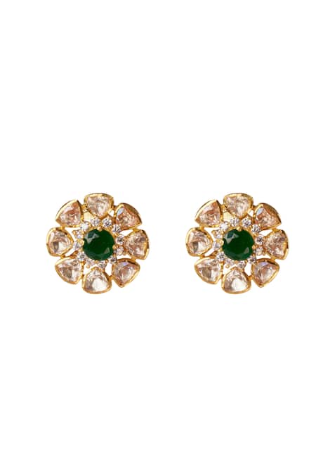 Shop Sica Jewellery Green Diamonds, Stones Floral Moissanite Polki Stud Earrings at Aza Fashions Shop_Sica Jewellery_Green Diamonds, Stones Floral Moissanite Polki Stud Earrings _at_Aza_Fashions