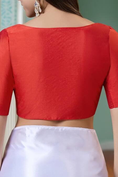 Shop Samyukta Singhania Red Silk Polo Collar Half Sleeve Blouse at Aza Fashions Shop_Samyukta Singhania_Red Silk Polo Collar Half Sleeve Blouse_at_Aza_Fashions