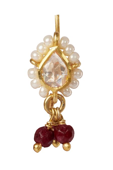 Sica Jewellery_Red Metallic Thread Moissanite Polki Embellished Nath _Online_at_Aza_Fashions