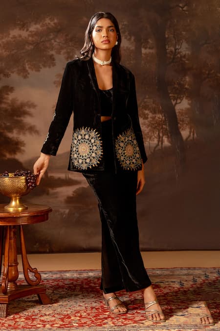 Soup by Sougat Paul Black Velvet Geometric Applique Blazer Set 