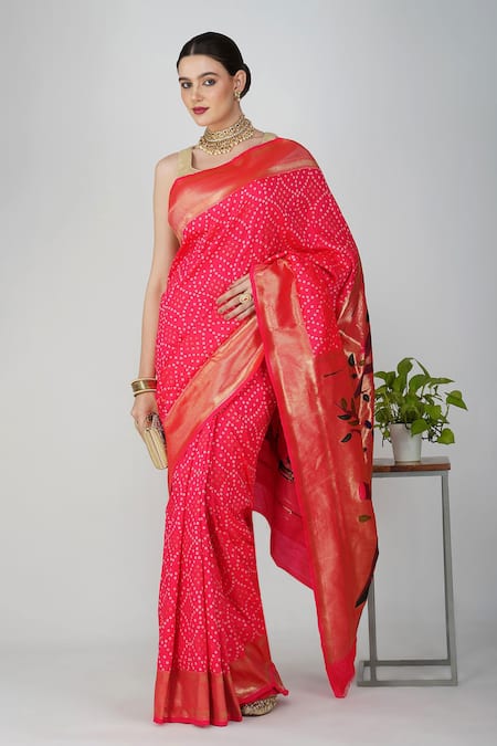 Zal From Benaras Paithani Bandhej Saree With Unstitched Blouse Piece 