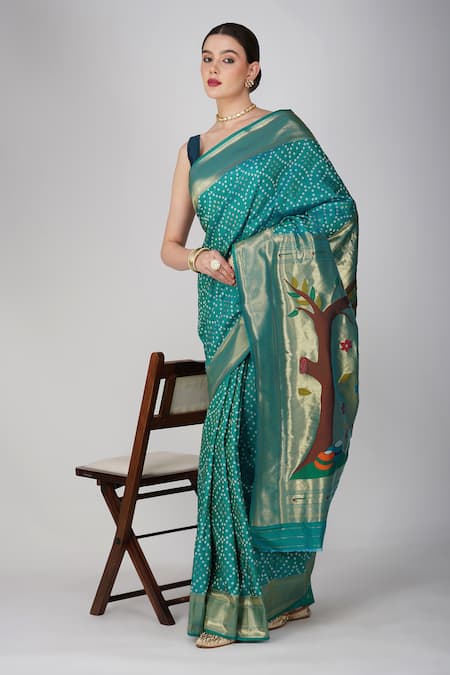 Zal From Benaras Paithani Bandhej Work Saree With Unstitched Blouse Piece 