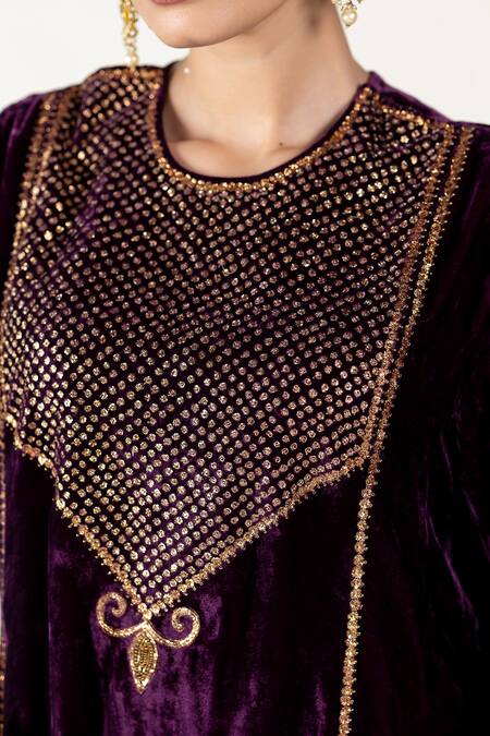 Buy_Nirjara_Purple Silk, Velvet Zari Round Neck Zardozi Embroidered Kurta Set _Online_at_Aza_Fashions