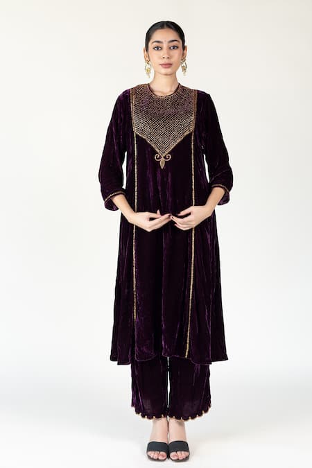 Shop_Nirjara_Purple Silk, Velvet Zari Round Neck Zardozi Embroidered Kurta Set _at_Aza_Fashions
