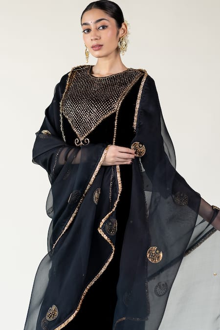 Shop_Nirjara_Black Silk Organza Sequins Zardozi Embroidered Dupatta _Online_at_Aza_Fashions