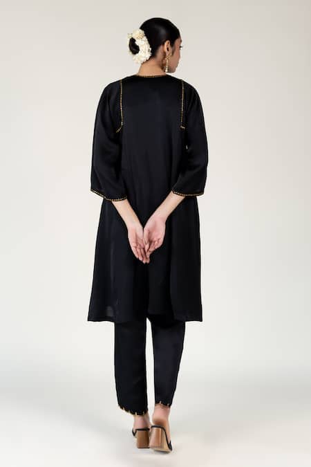 Shop Nirjara Black Silk Embroidery, Sequins, Zari Round Neck Choga Kurta Set at Aza Fashions Shop_Nirjara_Black Silk Embroidery, Sequins, Zari Round Neck Choga Kurta Set _at_Aza_Fashions