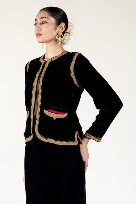Nirjara_Black Silk, Velvet Embroidery Round Neck Marodi Jacket _Online_at_Aza_Fashions
