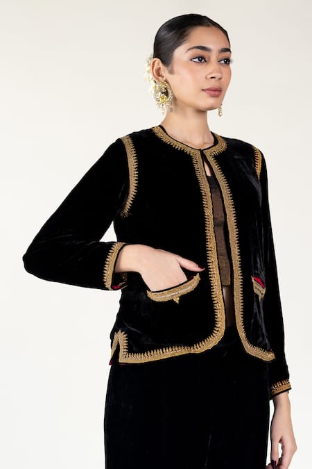 Buy_Nirjara_Black Silk, Velvet Embroidery Round Neck Marodi Jacket _Online_at_Aza_Fashions
