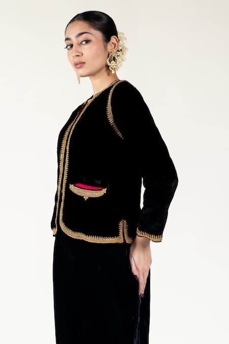 Shop_Nirjara_Black Silk, Velvet Embroidery Round Neck Marodi Jacket _Online_at_Aza_Fashions