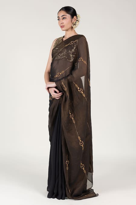 Nirjara_Black Tissue, Silk, Cotton, Lace Zari, Embroidery, Sequins Chaand Saree Set _Online_at_Aza_Fashions