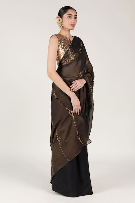 Buy_Nirjara_Black Tissue, Silk, Cotton, Lace Zari, Embroidery, Sequins Chaand Saree Set _Online_at_Aza_Fashions