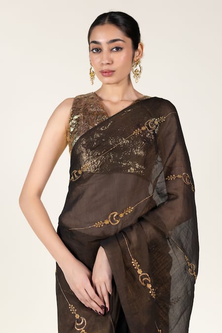 Shop_Nirjara_Black Tissue, Silk, Cotton, Lace Zari, Embroidery, Sequins Chaand Saree Set _Online_at_Aza_Fashions
