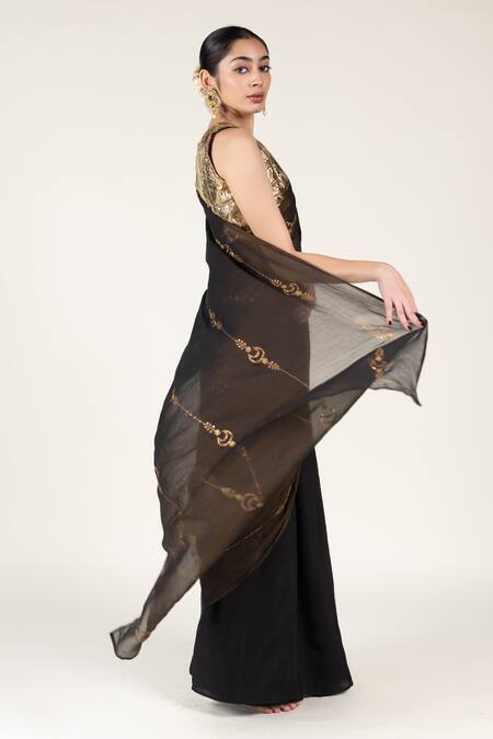 Buy_Nirjara_Black Tissue, Silk, Cotton, Lace Zari, Embroidery, Sequins Chaand Saree Set 